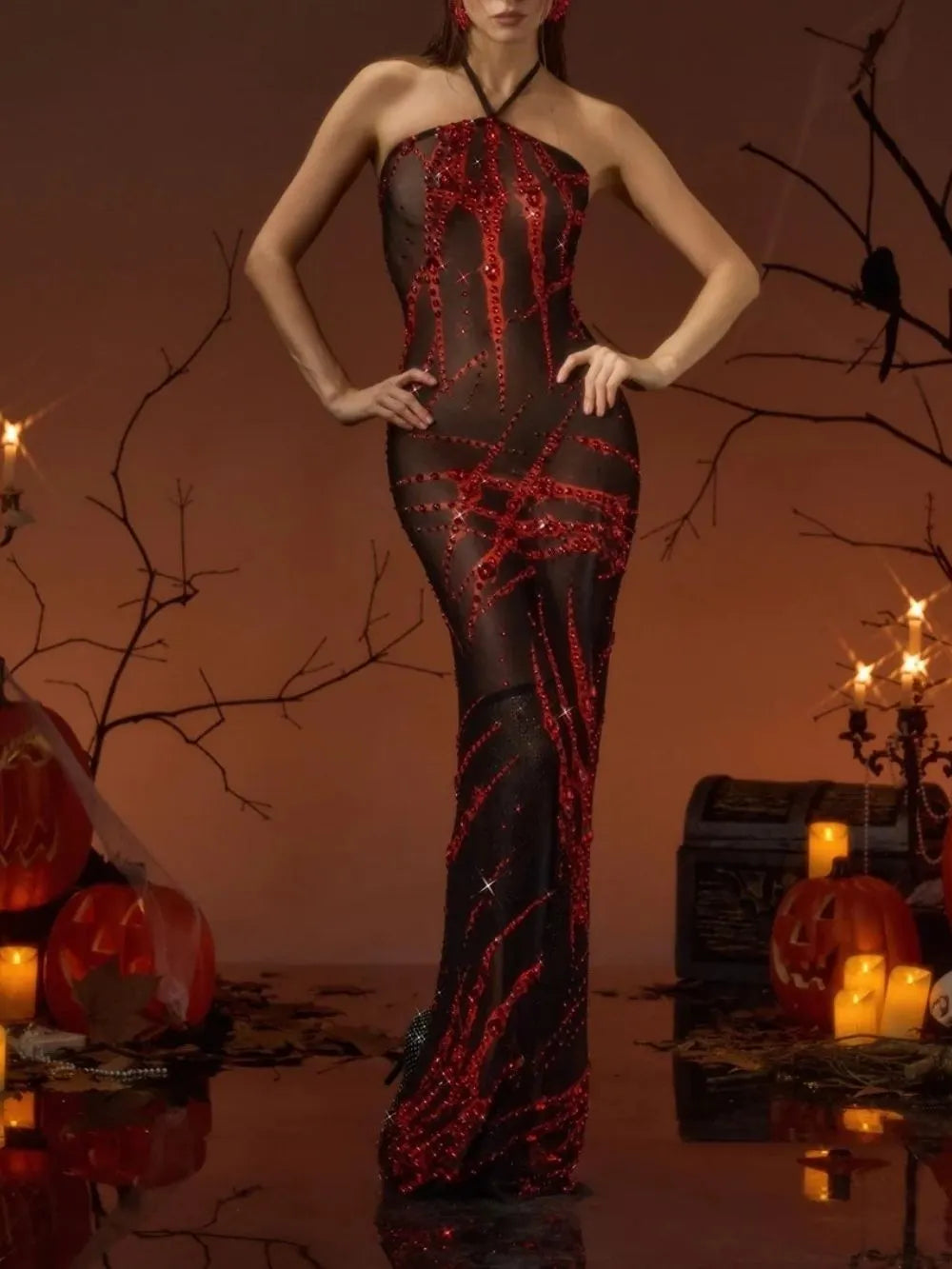 Ovelsa Halterneck Crystal Mesh Maxi Dress Flowering Girl