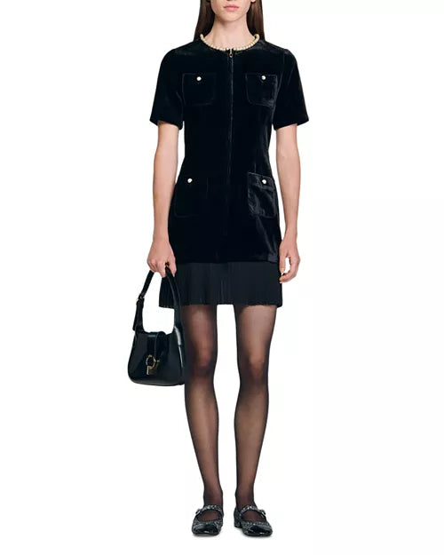 Riva Pleated Trim Patchwork Velvet Mini Dress In Black Flowering Girl