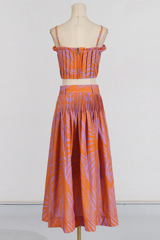 Pleated Floral-Print Linen Bustier Top Skirt Set In Blue Flowering Girl