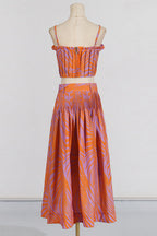 Pleated Floral-Print Linen Bustier Top Skirt Set In Blue Flowering Girl