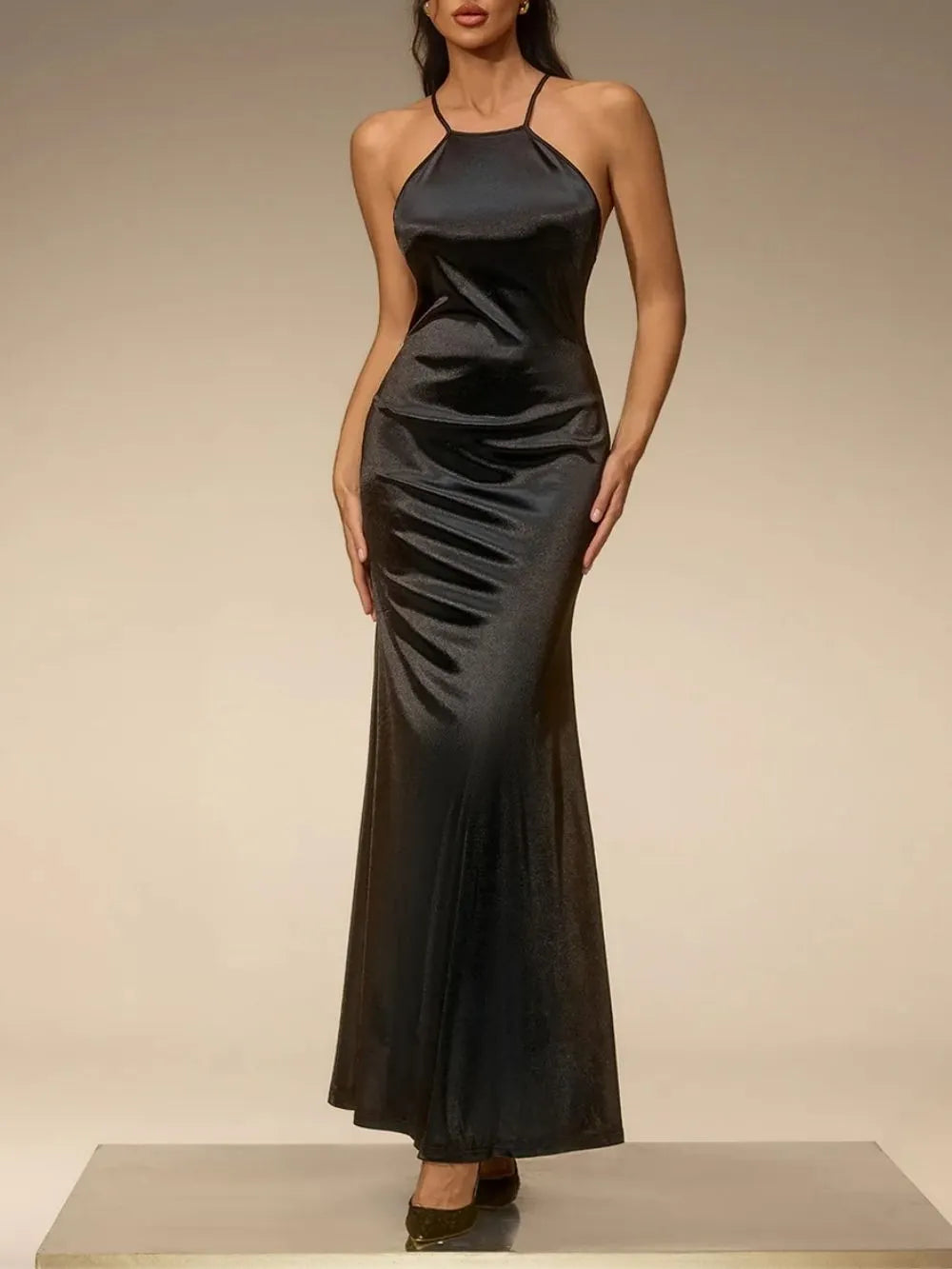 Asteron Backless Satin Maxi Dress In Black Flowering Girl