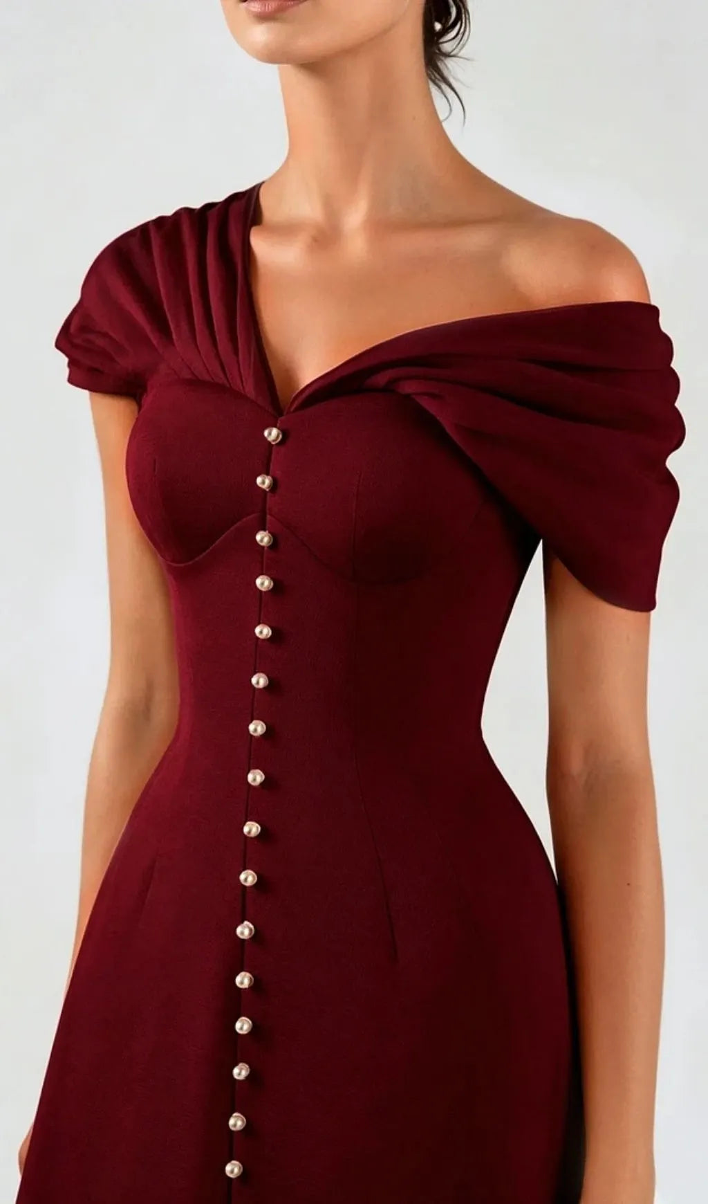 Luzasa Off Shoulder Buttoned Mini Dress - Wine Flowering Girl