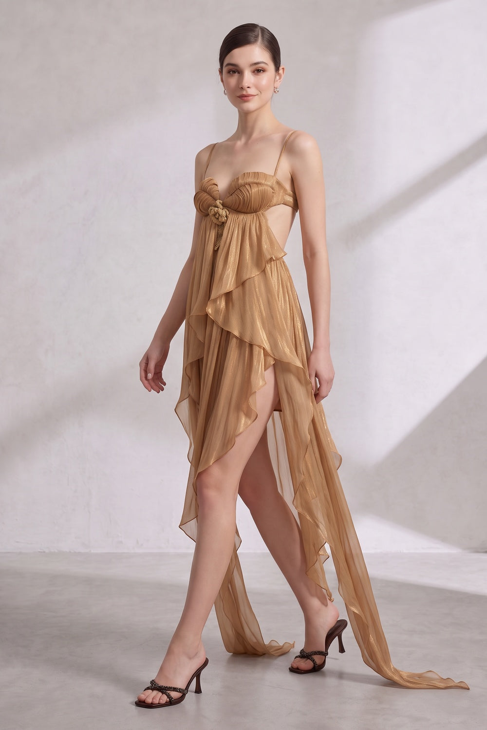 Gold Sheer Chiffon Asymmetrical High-Low Draped Dress with Open Back Flowering Girl