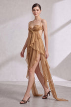 Gold Sheer Chiffon Asymmetrical High-Low Draped Dress with Open Back Flowering Girl