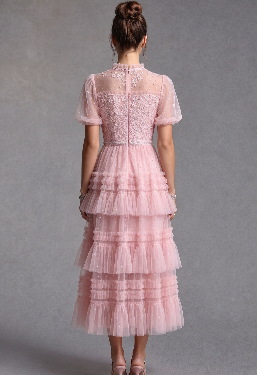 Light Pink Tulle A-Line Tiered Midi Dress Flowering Girl