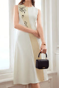 White & Beige Color-Block Floral Embroidered Sleeveless Midi Dress Flowering Girl