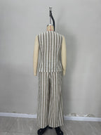 Green White Stripe Linen Sleeveless V-Neck Vest & Wide Leg Pants Two-Piece Set Flowering Girl