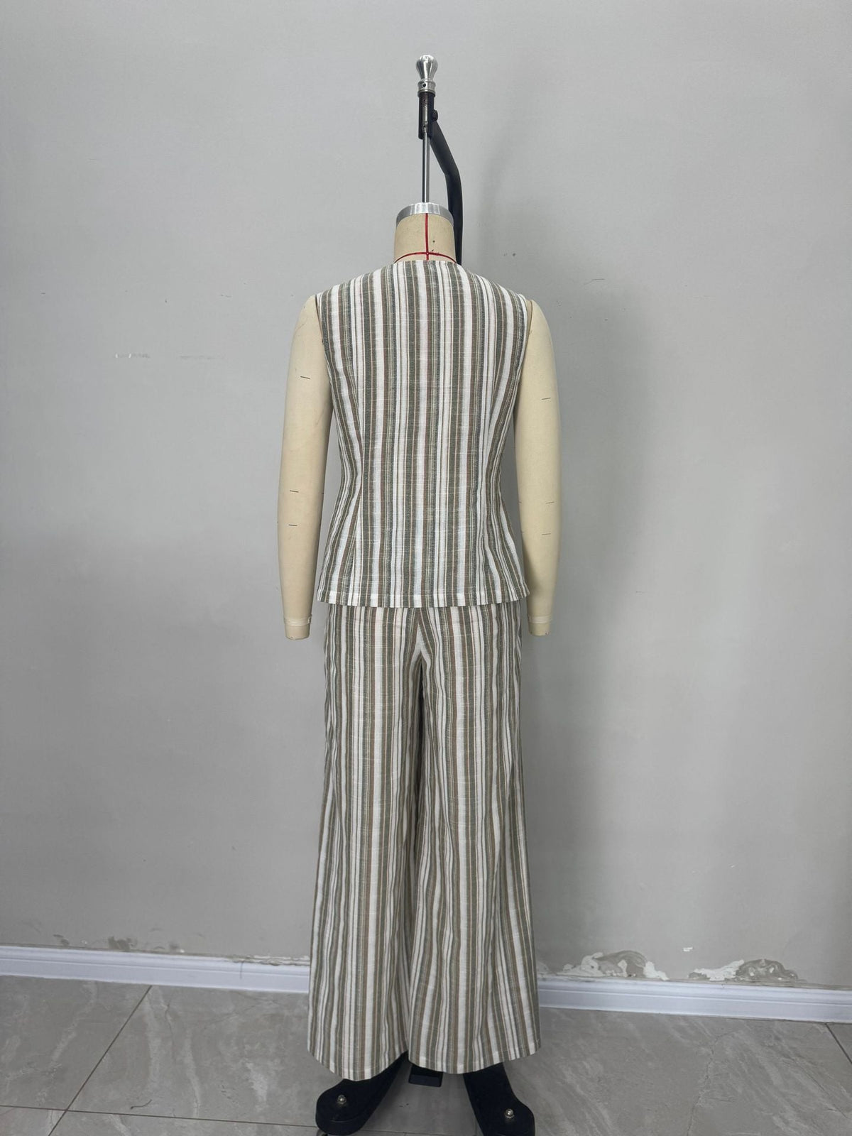 Green White Stripe Linen Sleeveless V-Neck Vest & Wide Leg Pants Two-Piece Set Flowering Girl