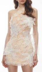 Shirley Champagne Halterneck Mini Dress With 3D Petals Flowering Girl