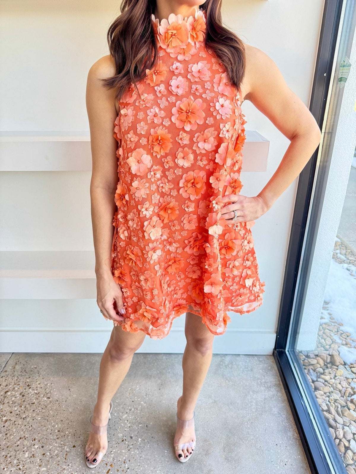 3d floral bluebell Trapeze Dress in Orange Flowering Girl