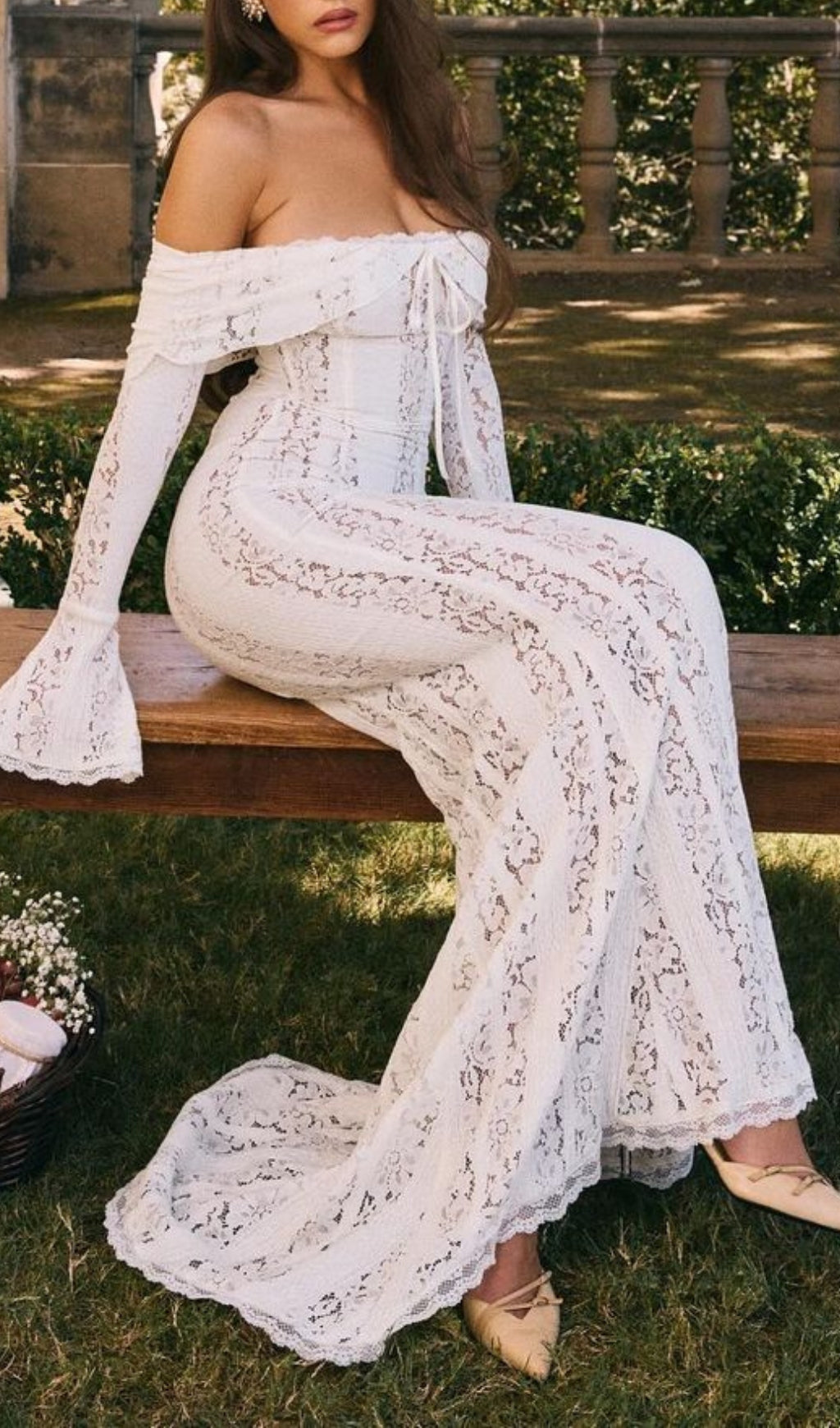 Clarissa White Flared Sleeve Lace Maxi Dress Flowering Girl