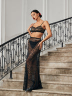 Lace Skirt Set With Waist Chain In Black Flowering Girl
