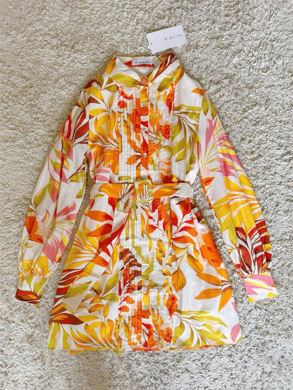 Plant Floral Organ Pleated Shell Button Shirt Dress Flowering Girl