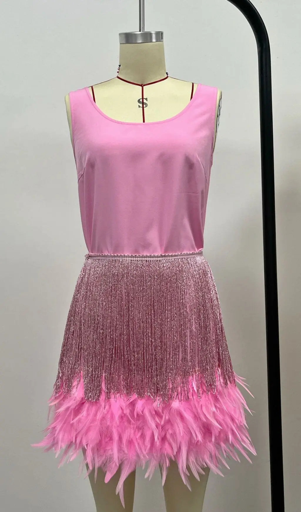 Shiny Fringe Feather Mini Dress In Pink Flowering Girl