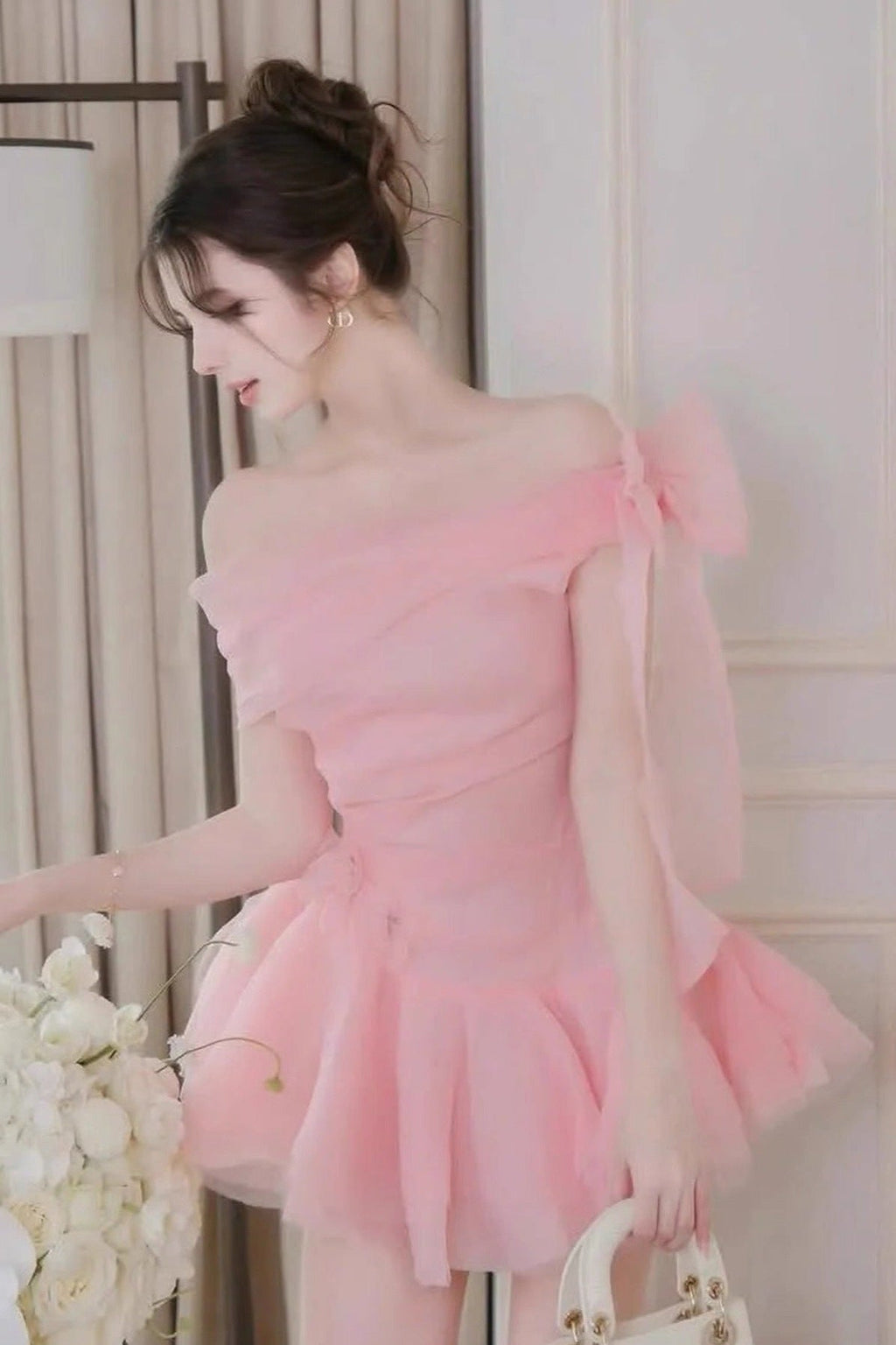 Ellen Off-Shoulder Mesh Tulle Tutu Mini Dress In Pink Flowering Girl