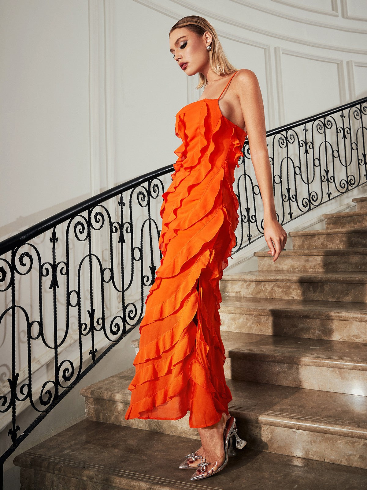 Lace Up Ruffle Straight Dress