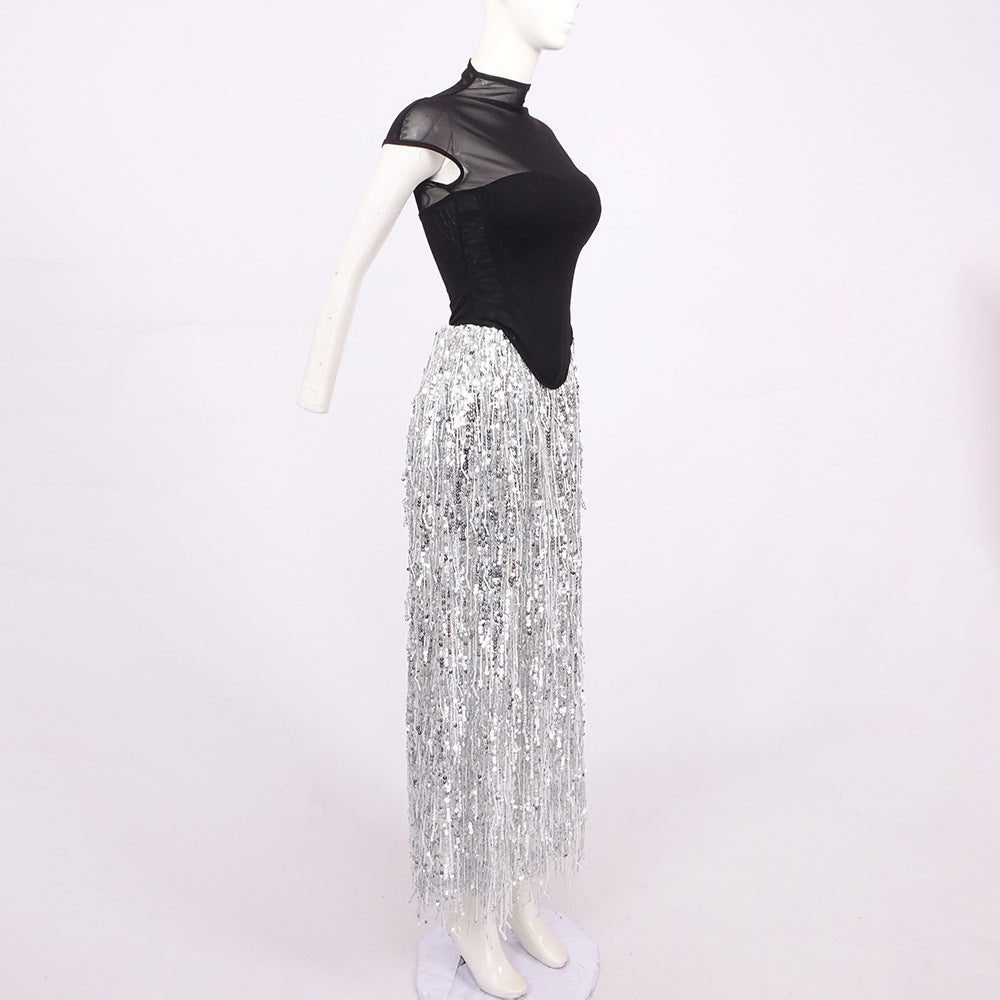 Tassel Sequin Black Corset Maxi Dress Flowering Girl