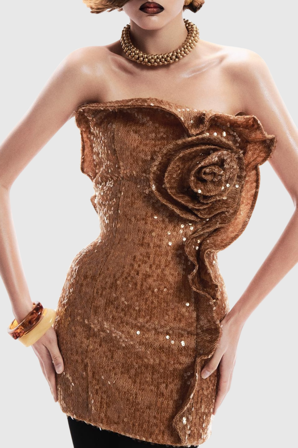 Charae Sequin Floral Strapless Mini Dress in brown Flowering Girl