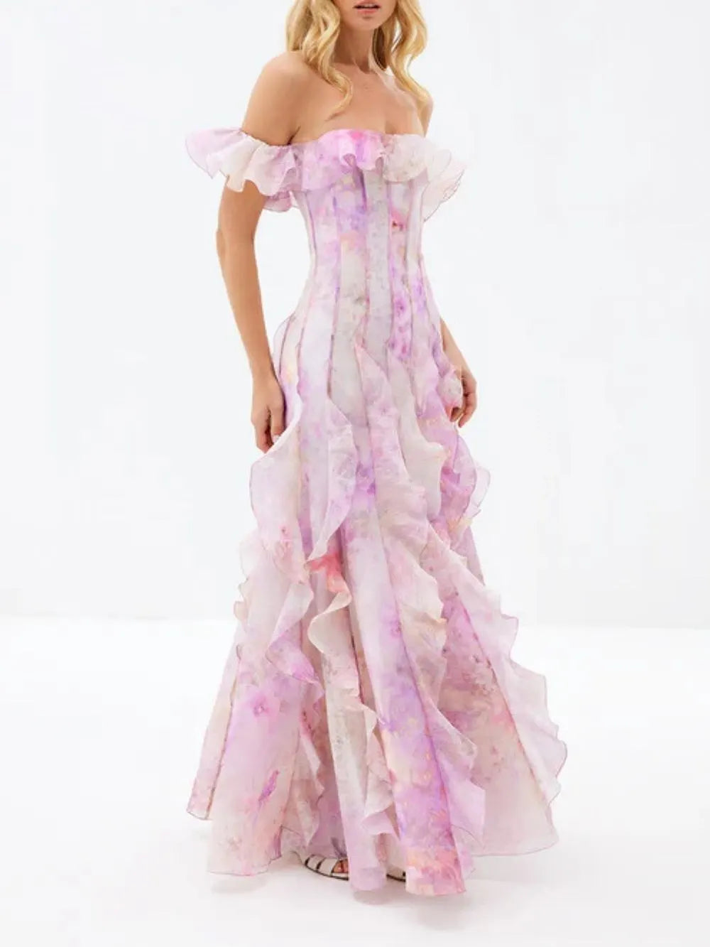 Helen Floral Frill Off-Shoulder Maxi Dress In Pink Flowering Girl