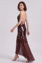Burgundy Sequined Mesh Sheath with Flared Sheer Lower Skirt Evening Dress Flowering Girl