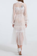 See-Through Blouse Maxi Dress With Lace Skirt In White Flowering Girl