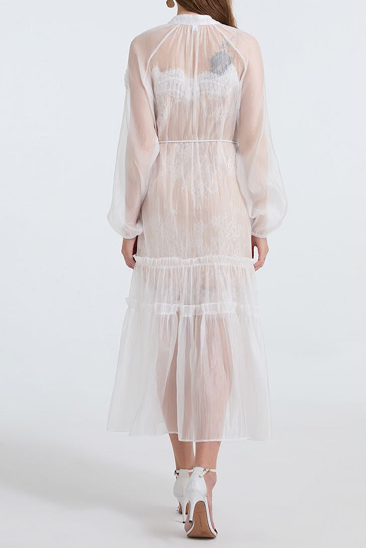 See-Through Blouse Maxi Dress With Lace Skirt In White Flowering Girl