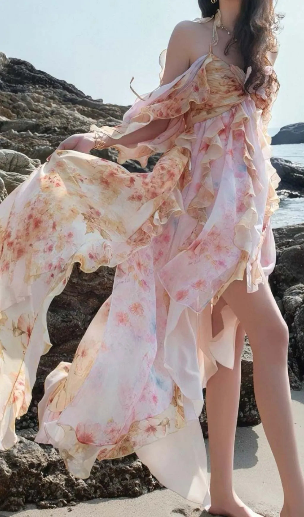 Komali Printed Butterfly Ruffle Maxi Dress Flowering Girl