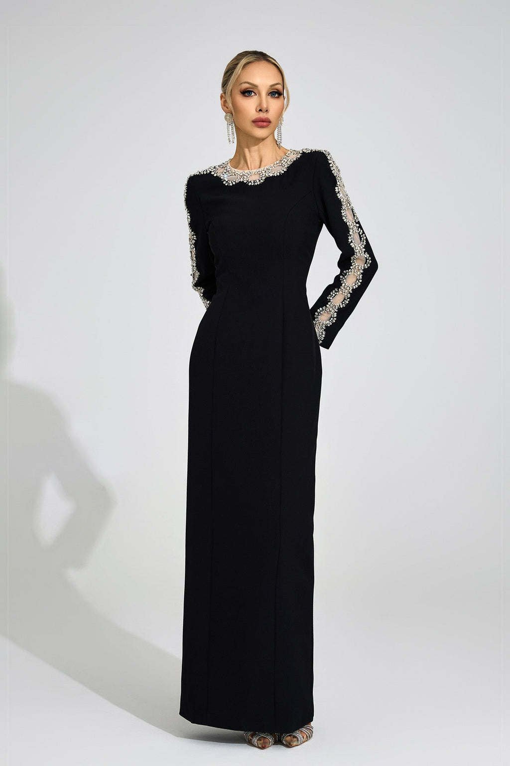 Tiffany Rhinestone Embellished Cutout Maxi Dress - Black Flowering Girl