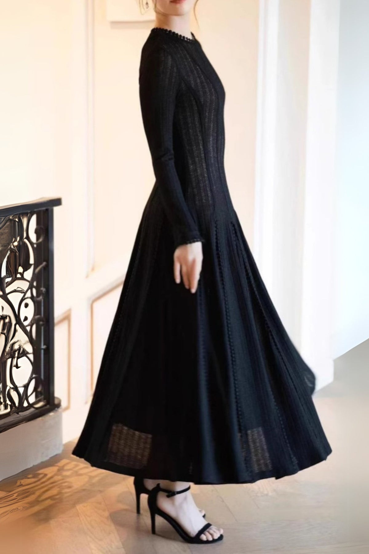 Black Crochet Lace Maxi Dress With Sleeves Flowering Girl
