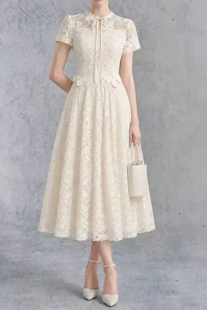 Cream Lace Tie Neck Short Sleeve A-Line Midi Dress Flowering Girl