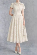 Cream Lace Tie Neck Short Sleeve A-Line Midi Dress Flowering Girl