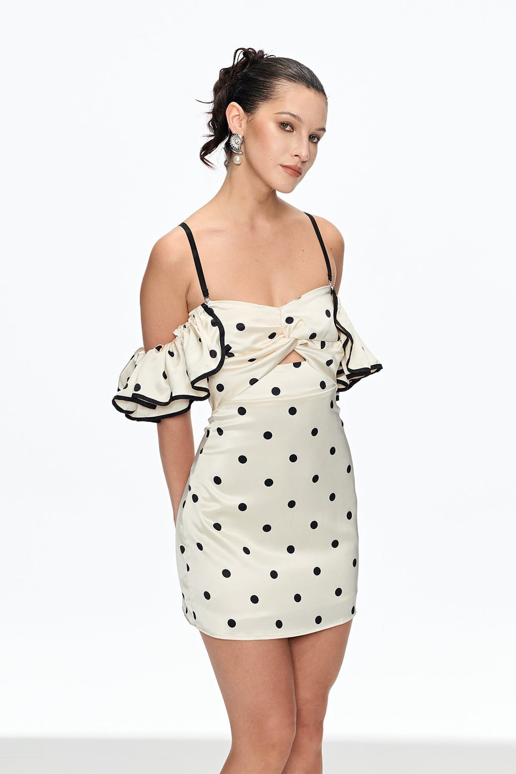hermosa Dot Off Shoulder Mini Dress In White Flowering Girl
