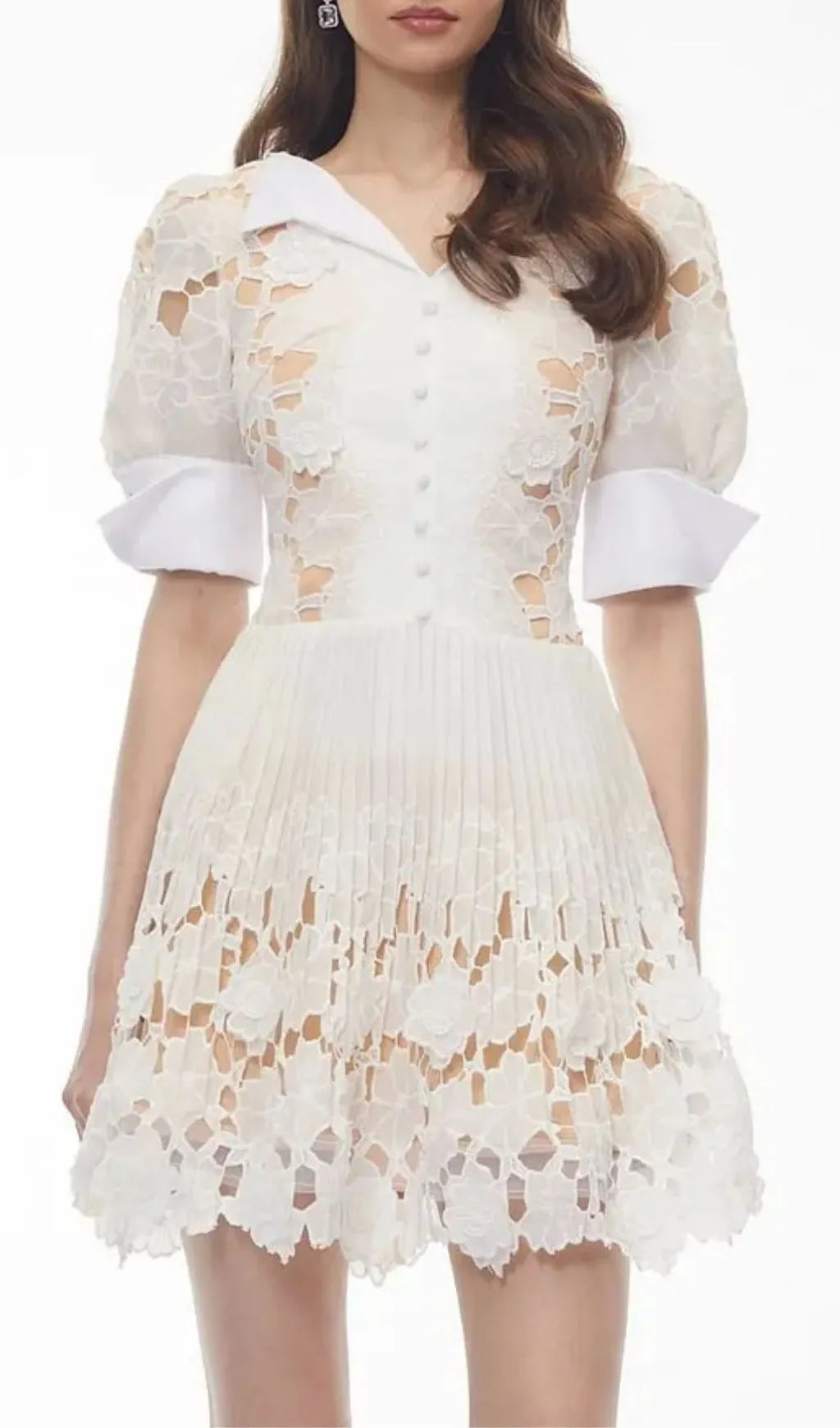Selena White Floral Appliqué Mini Dress With Cut-Outs Flowering Girl