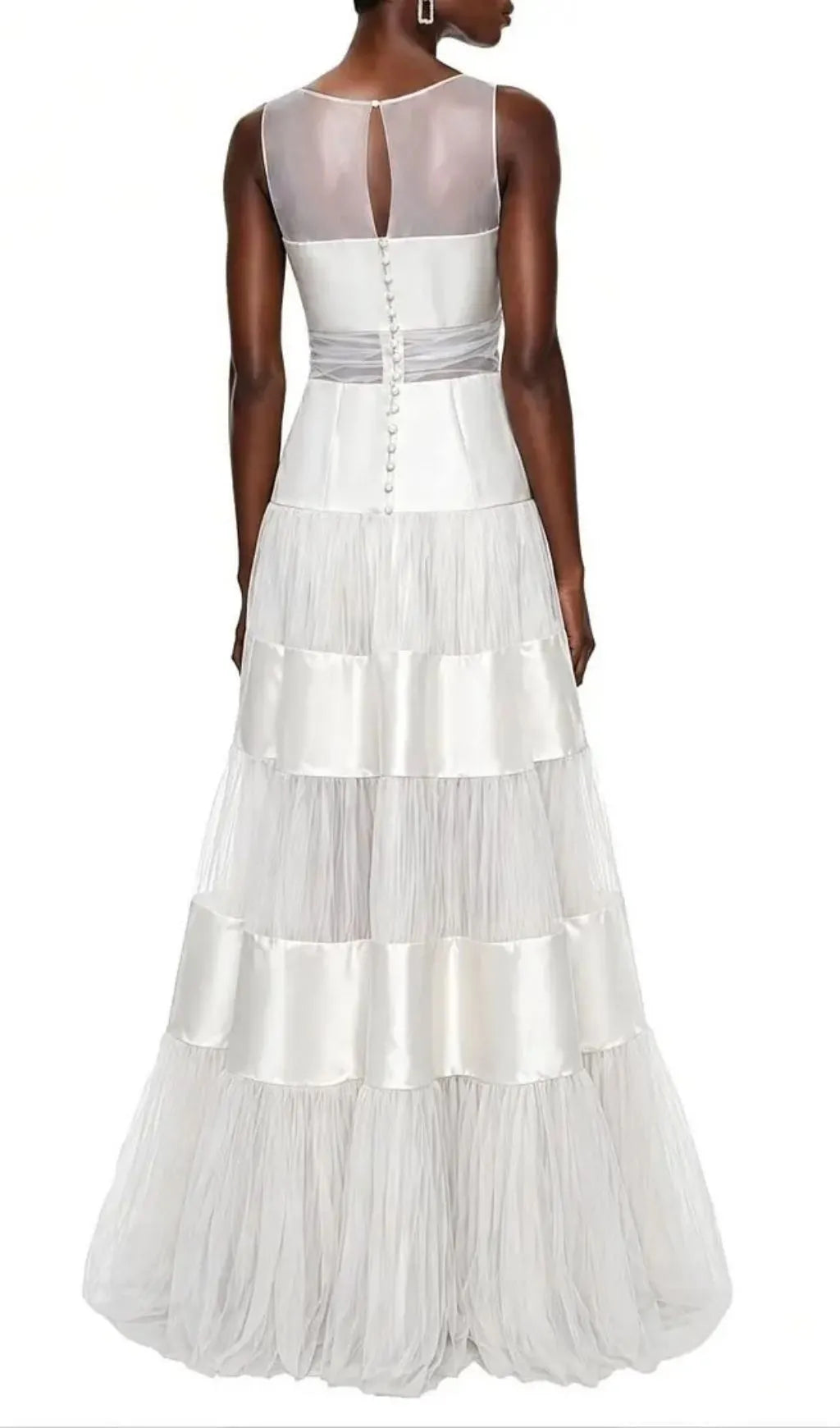 Sabrina White Mesh Panel Maxi Dress With Satin Stripes Flowering Girl
