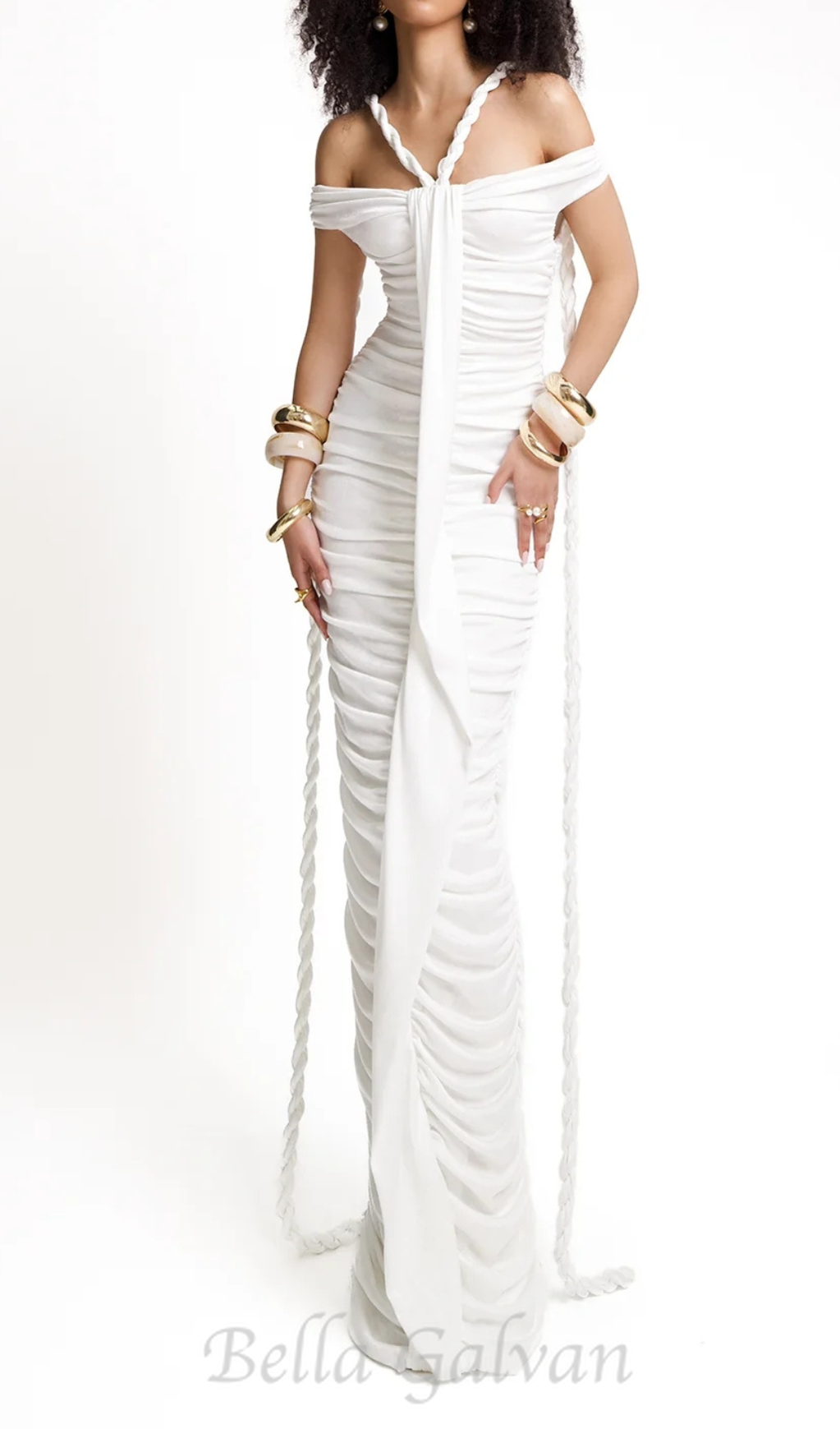cara white off-shoulder ruched bodycon maxi dress with rope embellished Flowering Girl