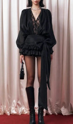 laeron V Neck Lace Bow Mini Dress In Black Flowering Girl
