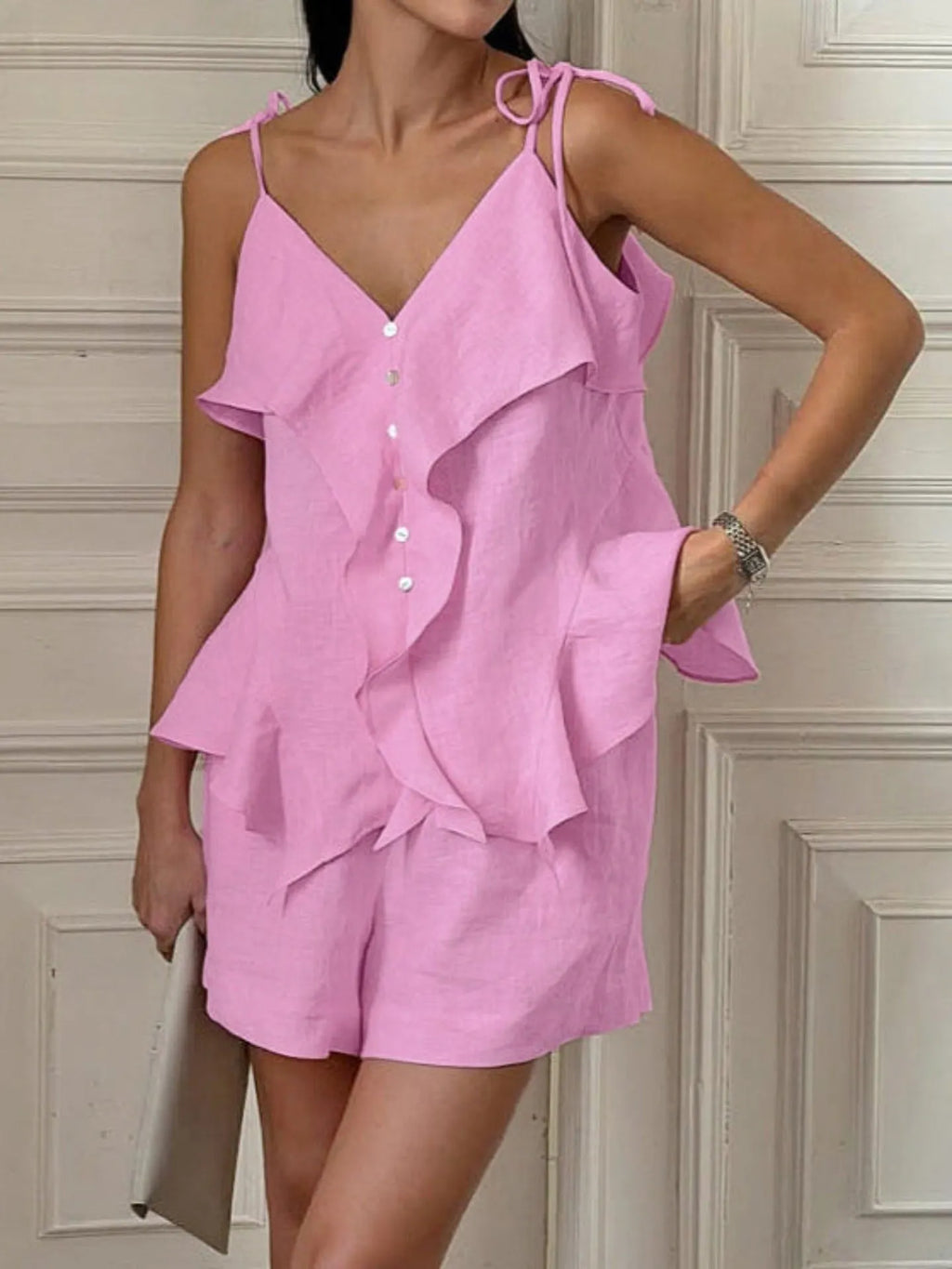 Cotton Ruffled Top & Shorts Two-Piece Set - Pink Flowering Girl