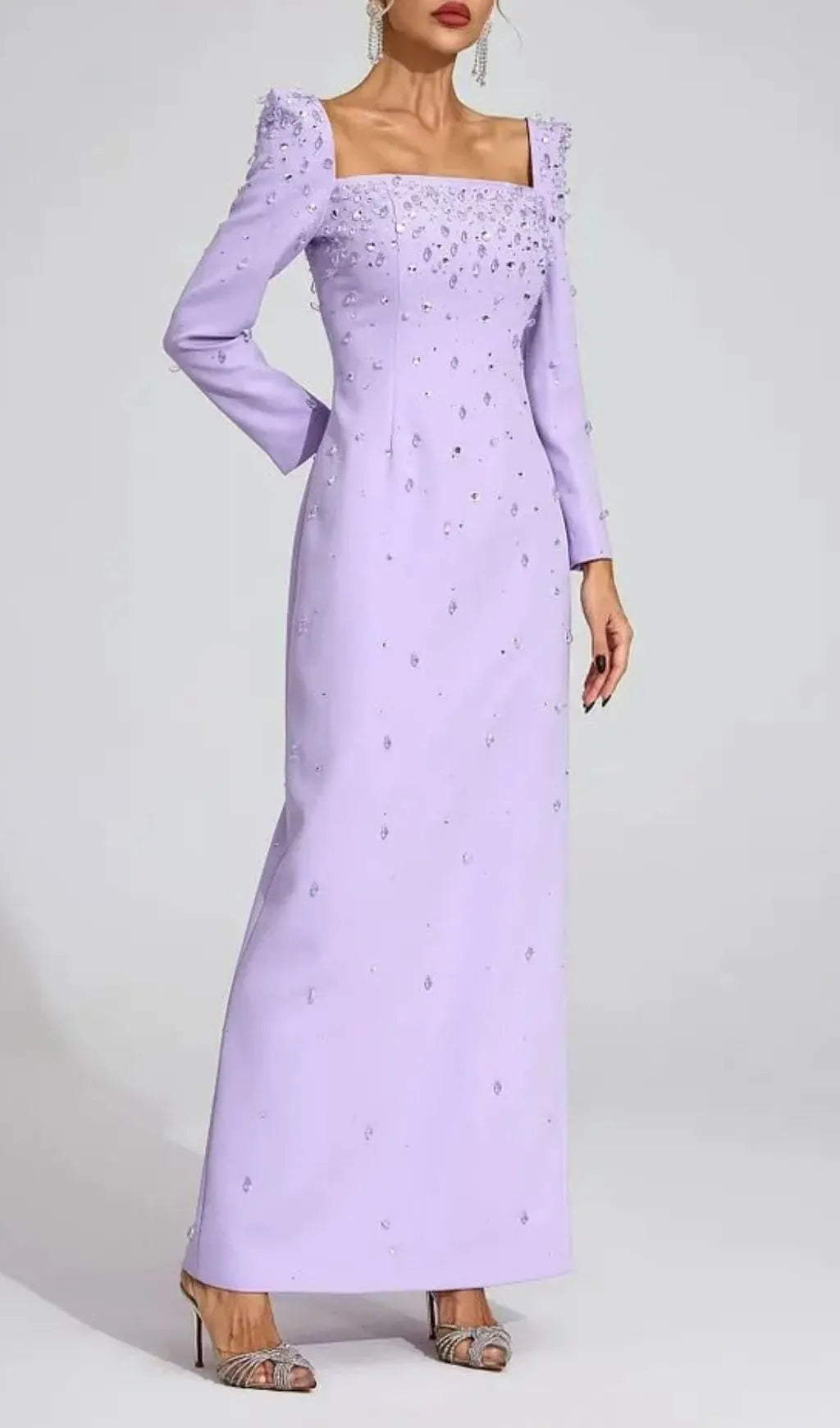 Lynn Square Neck Beaded Rhinestone Maxi Dress - Purple Flowering Girl