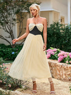 Olga Hepburn Sleeveless Strapless Backless Ruched Bandeau Midi Dress Flowering Girl