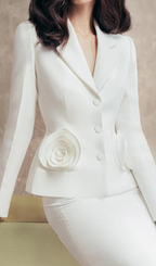 Flower Embellished Jacket Skirt Set In White Flowering Girl