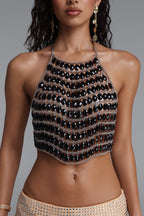 Oval Black Crystal Silver Chain Halter Crop Top Flowering Girl