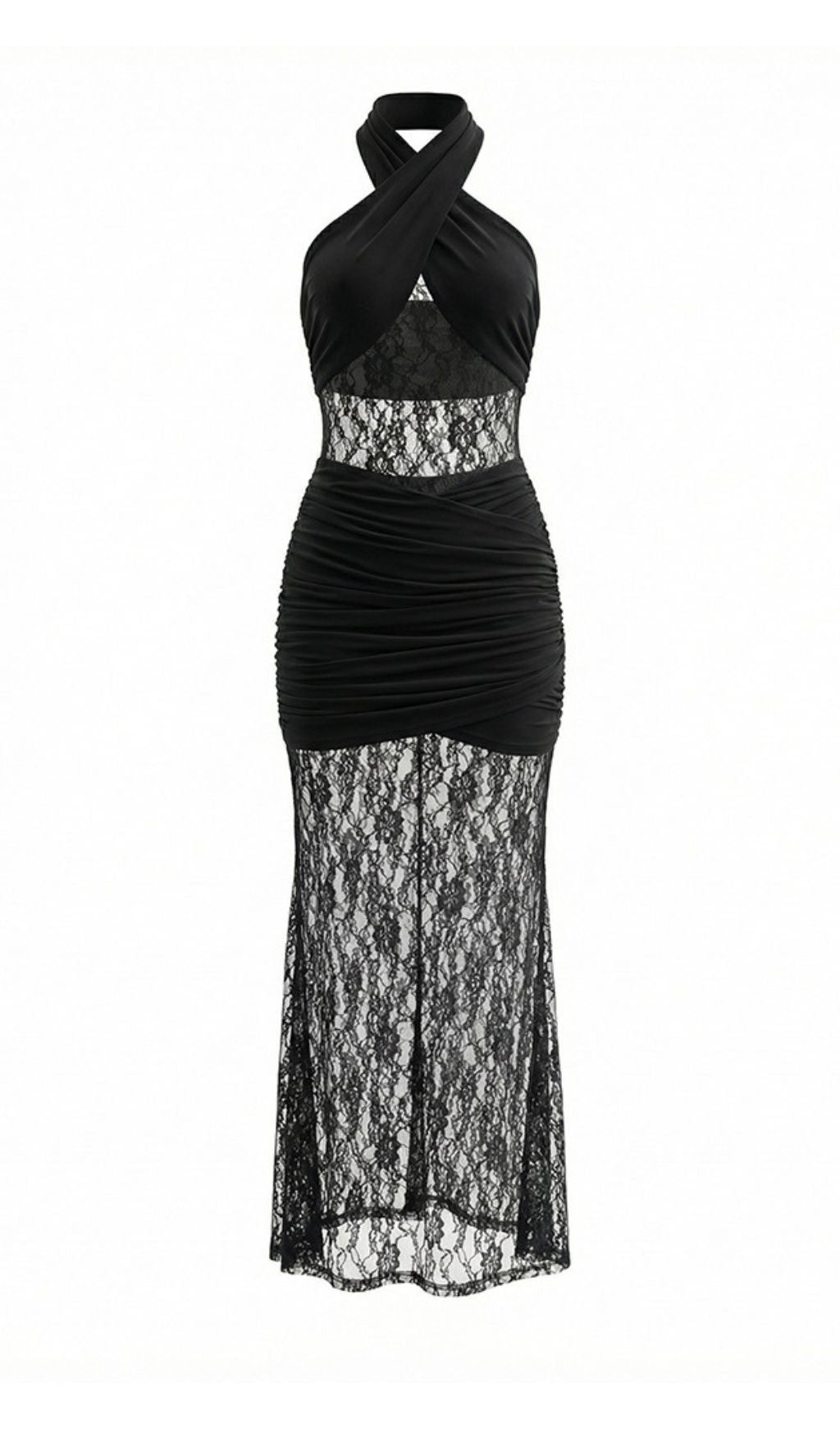 Jaelle Black Halter Lace Ruched Maxi Dress Flowering Girl