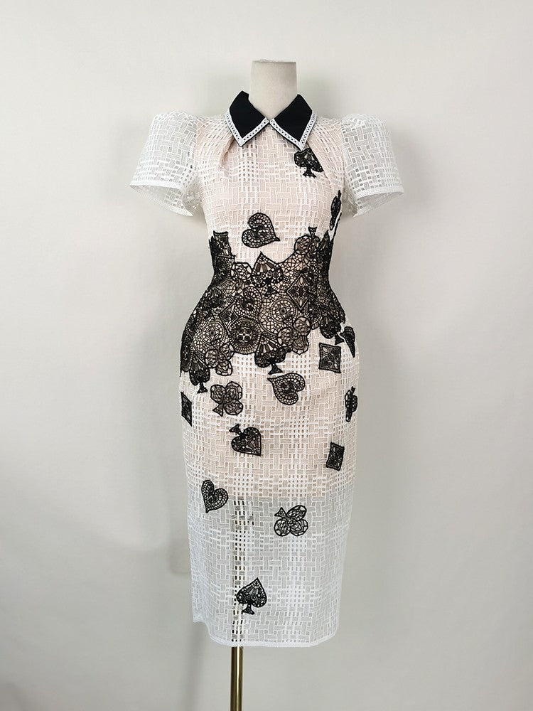 Poker Patterns Embellished Midi Dress In White Flowering Girl