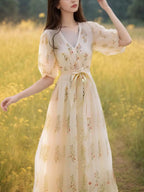 Roxanne Vacation V-Neck Puff Sleeve Floral Dress Flowering Girl