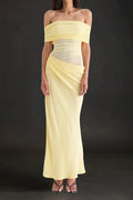 Reanko Off Shoulder Ruched Mesh Maxi Dress - Yellow Flowering Girl