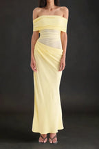 Reanko Off Shoulder Ruched Mesh Maxi Dress - Yellow Flowering Girl