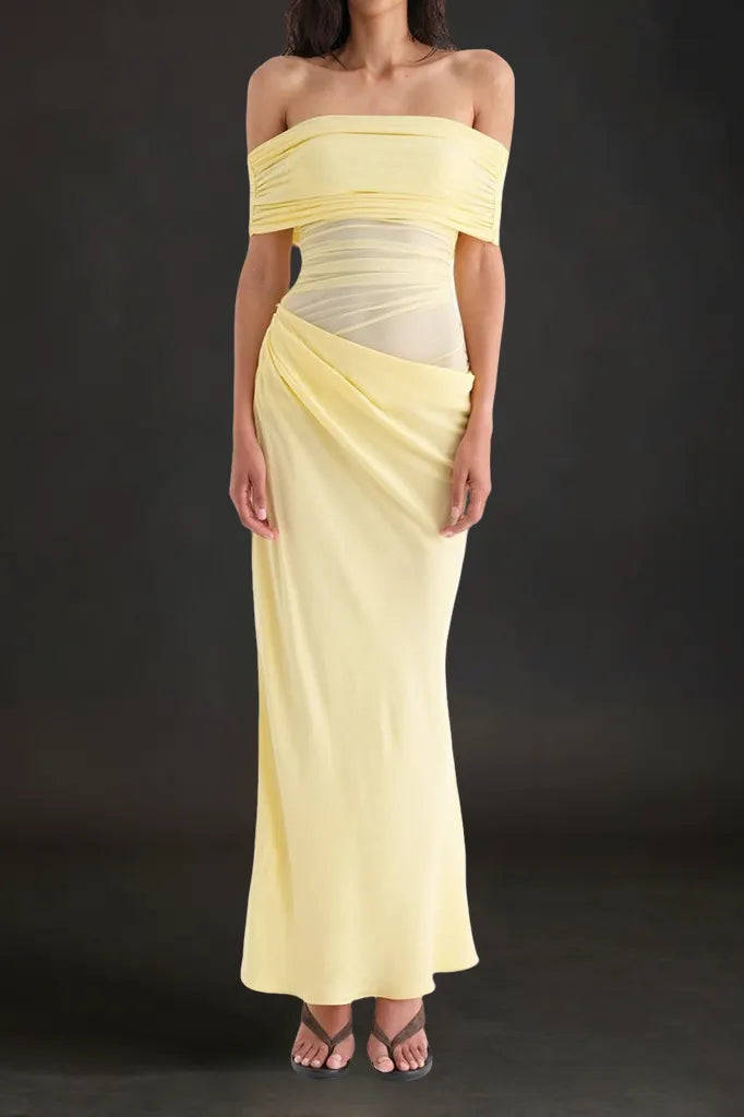 Reanko Off Shoulder Ruched Mesh Maxi Dress - Yellow Flowering Girl
