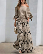 Casual Shoulder Top & Printed Pants Two-Piece Set Flowering Girl