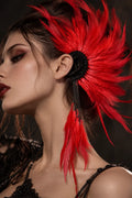 Dramatic Red Feather Ear Cuff, Black Rhinestone Ear Wrap with Silver Chain Tassel Flowering Girl