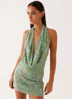 Cowl Neck Beaded Mini Dress In Mint Flowering Girl